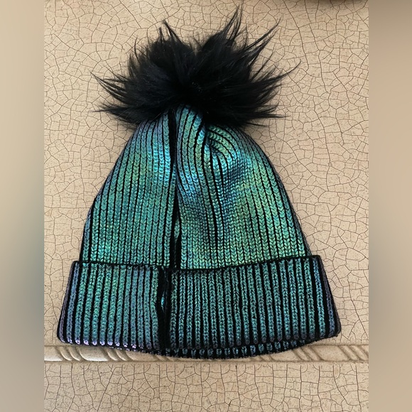 🦊 ADRIENNE LANDAU MeTaLliC  IrIdEsCeNt BlUe ReAl FuR F0X P0m-P0m BeAnIe - Picture 3 of 8